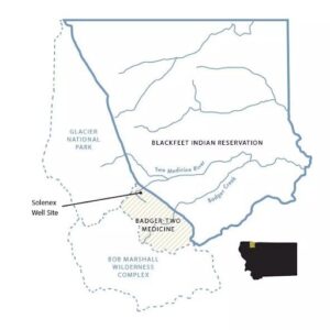 [Photo is of the Solenex LLC site within the Badger-Two-Medicine. Map shared from Wild Montana, formerly Montana Wilderness Association.